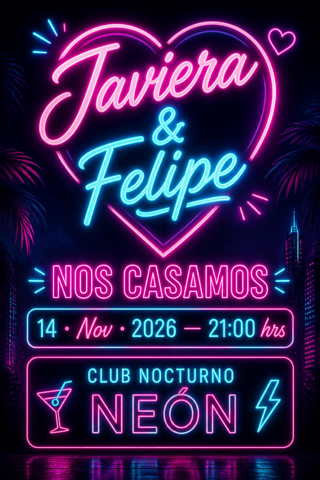 Invitación de matrimonio estilo neón